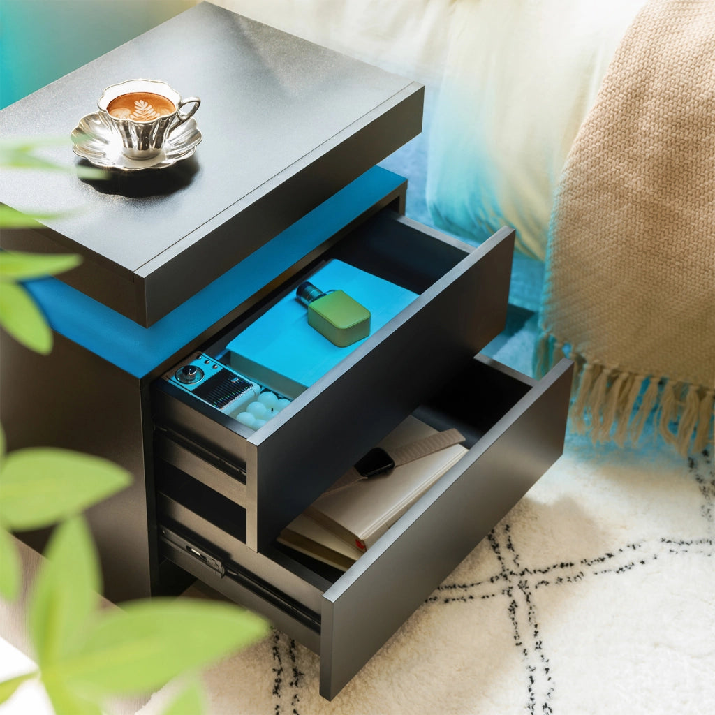 Comodino con 2 cassetti, vano aperto e luci LED regolabili per camera da letto e soggiorno in legno ingegnerizzato nero