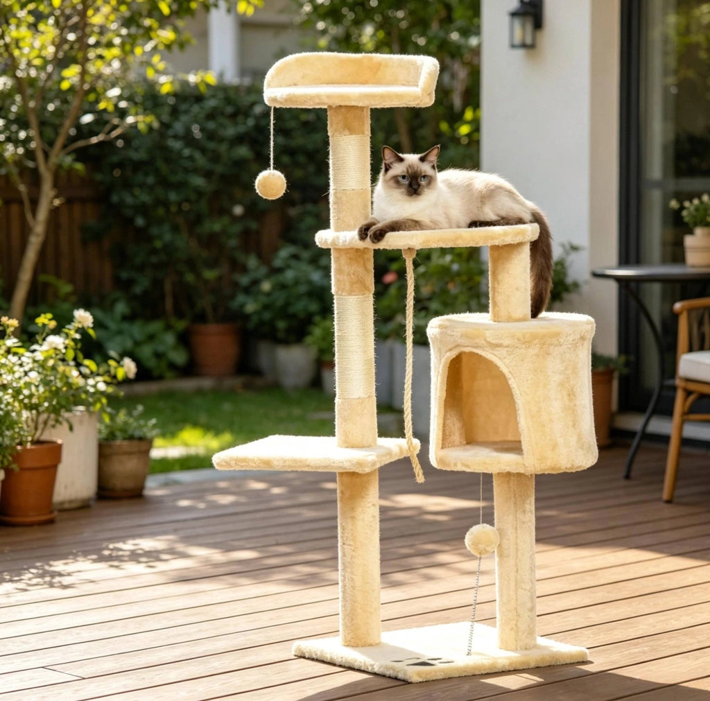 Albero tiragraffi beige a 4 livelli con nicchia, amaca e giochi