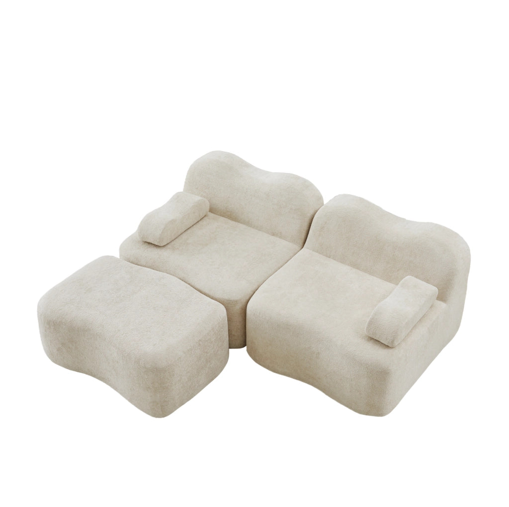 Divano modulare angolare ULEVR 2 posti con pouf, forma ondulata e rivestimento in velluto beige