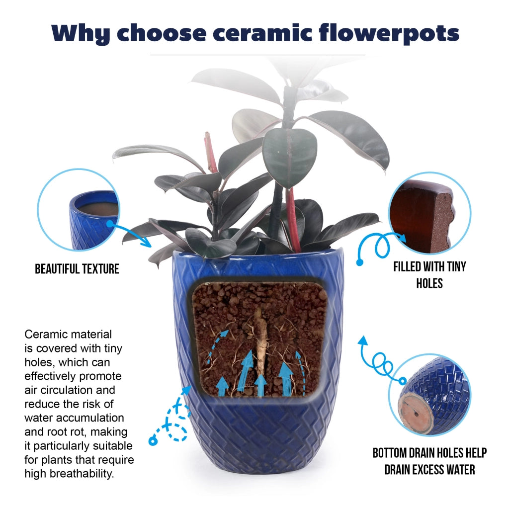 Vaso da fiori artigianale in ceramica blu navy con motivo a rombi per piante grandi da interno ed esterno 42 × 54 cm