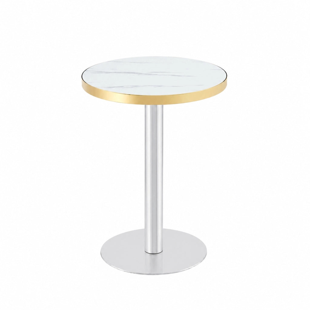Tavolo da giardino bistrot rotondo con base stabile, effetto marmo e bordo dorato, per balcone, bianco, 60 × 73,7 cm