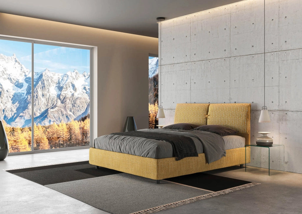 Letto Matrimoniale 160x190 cm con Rete e Contenitore con Testata e Alzata Comoda Imbottito in Tessuto Aragona Mados