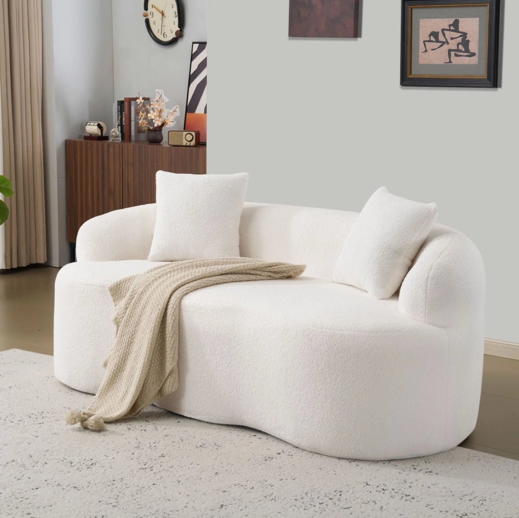Divano loveseat 2 posti curvo con 2 cuscini; schiuma e molle; bianco