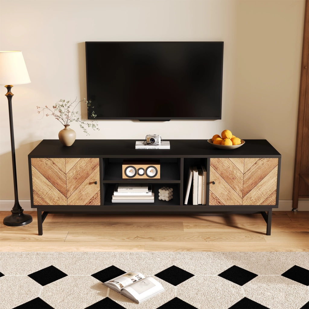 Mobile TV con 2 armadietti; 3 vani e gambe in ferro; in truciolato nero e naturale 150 × 38 × 50.5 cm