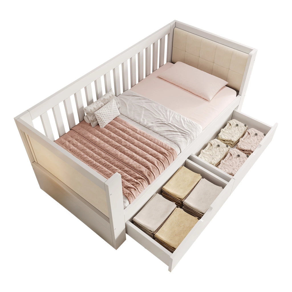 Divano letto 90 x 200 cm con contenitori, letto singolo in pino massello bianco con 2 cassetti su ruote, schienale 3 lati e braccioli arrotondati