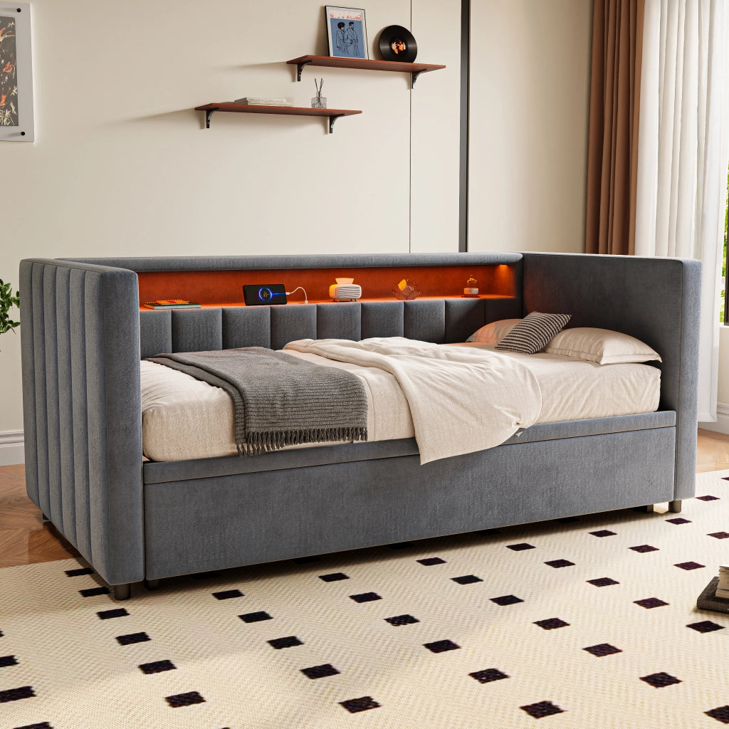 Letto Estraibile Letto Singolo 90x190 cm; con LED; USB Type-C e Velluto Grigio