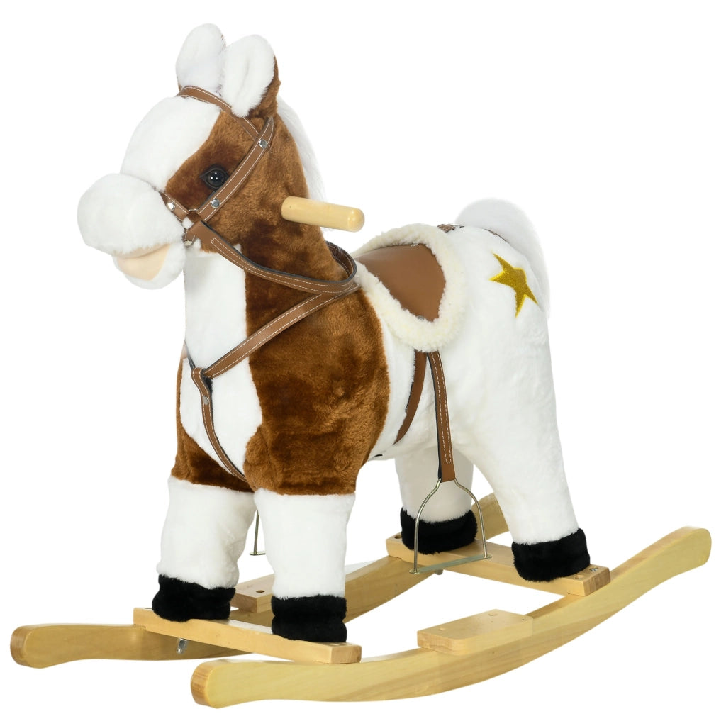 EasyComfort Cavallino a Dondolo per Bambini da 3-6 Anni in Peluche con Suoni, 68x26x62cm, Marrone