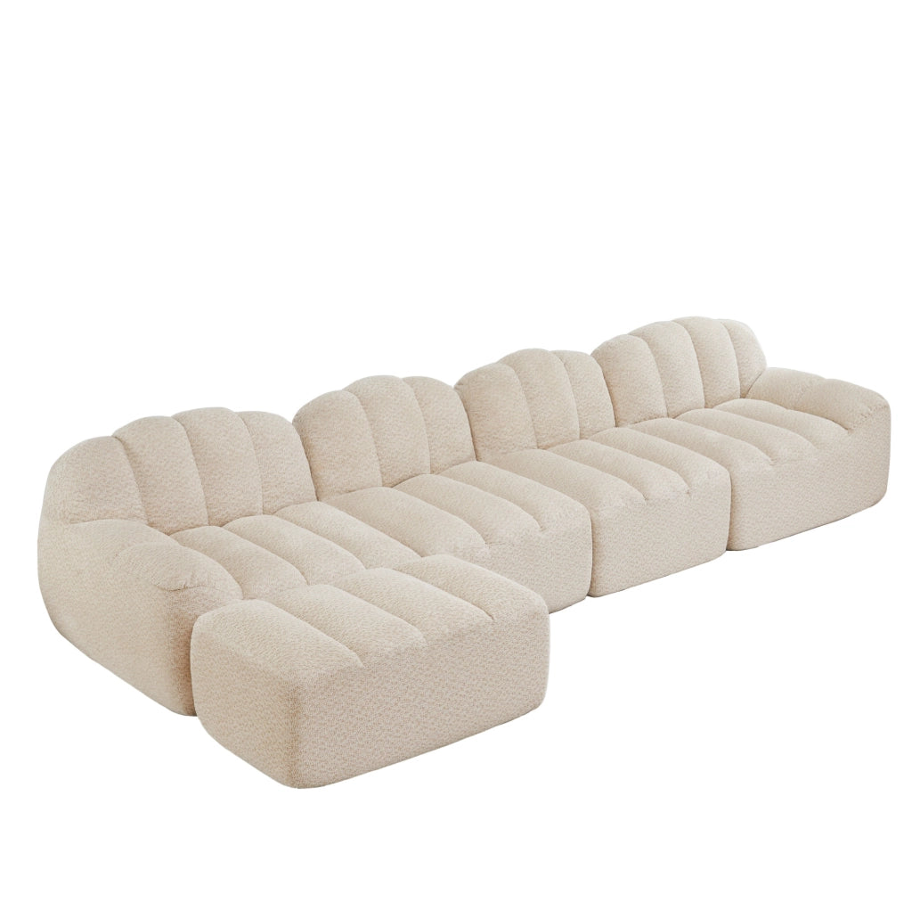 Divano modulare a 4 posti con pouf, schiuma ad alta densità 32D, tessuto morbido beige e bianco