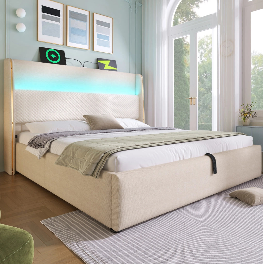 Letto matrimoniale 140x200 beige con contenitore idraulico, LED, USB e Type-C