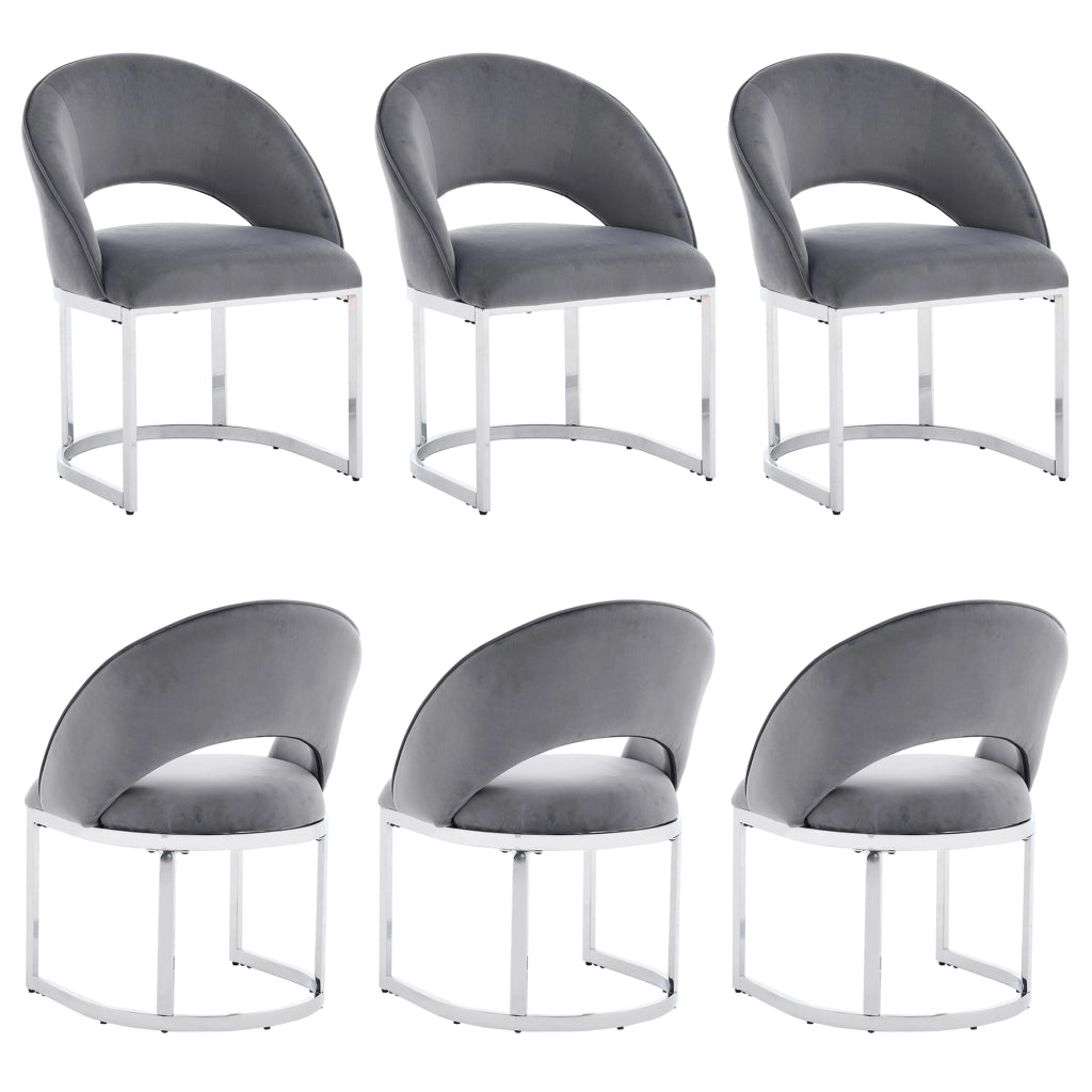 Set di 6 sedie da pranzo in velluto grigio con gambe metalliche color argento