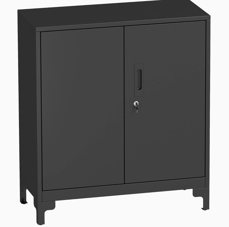 Armadio da ufficio in metallo con porte chiudibili, design a 2 livelli, colore nero