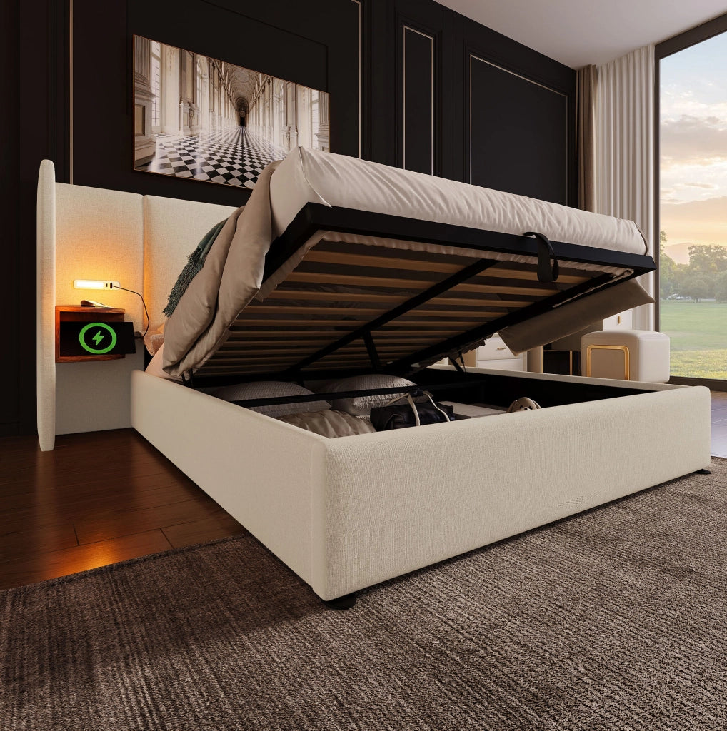 Letto matrimoniale 160x200 cm in lino beige con contenitore, LED e materasso