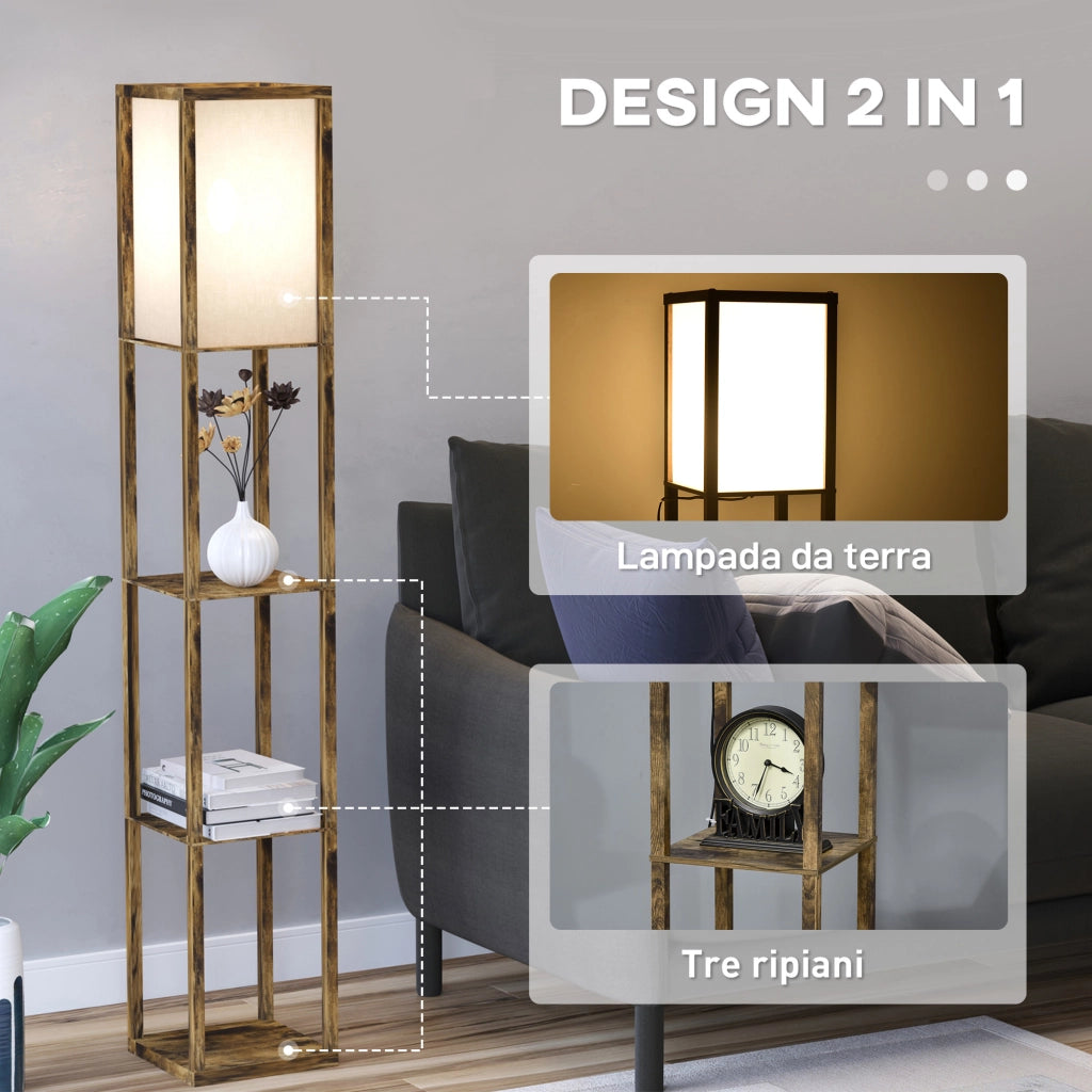 Lampada da terra con 3 mensole integrate, colore legno, attacco E27 potenza 40W, 26x26x160cm, design moderno per casa