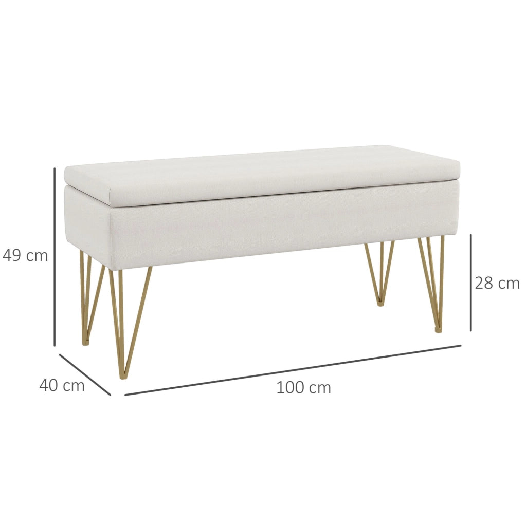 Panca contenitore imbottita in tessuto effetto lino crema con strutture in acciaio, 100 x 40 x 49 cm