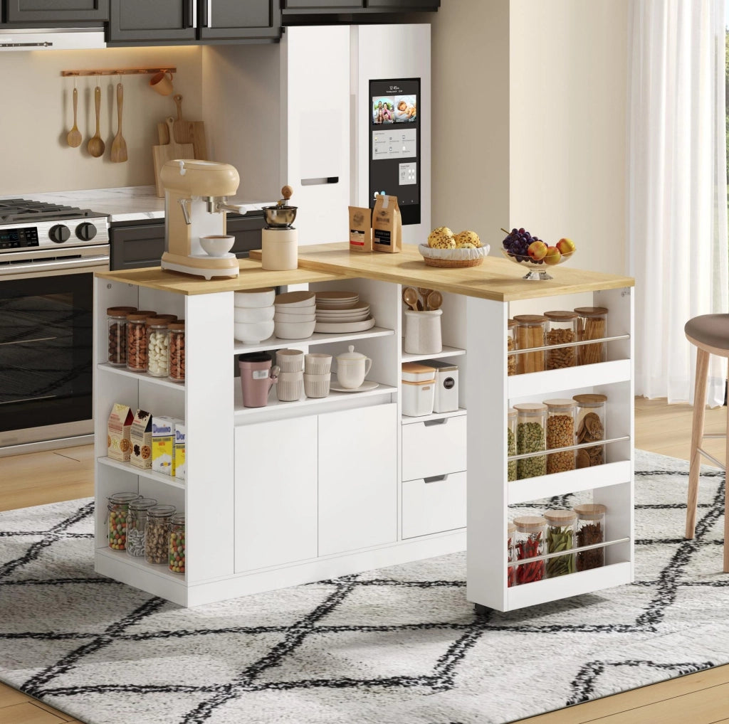 Isola cucina 115x50x92 cm con piano girevole estraibile; 2 cassetti e ripiani bianco/naturale HOMVRA