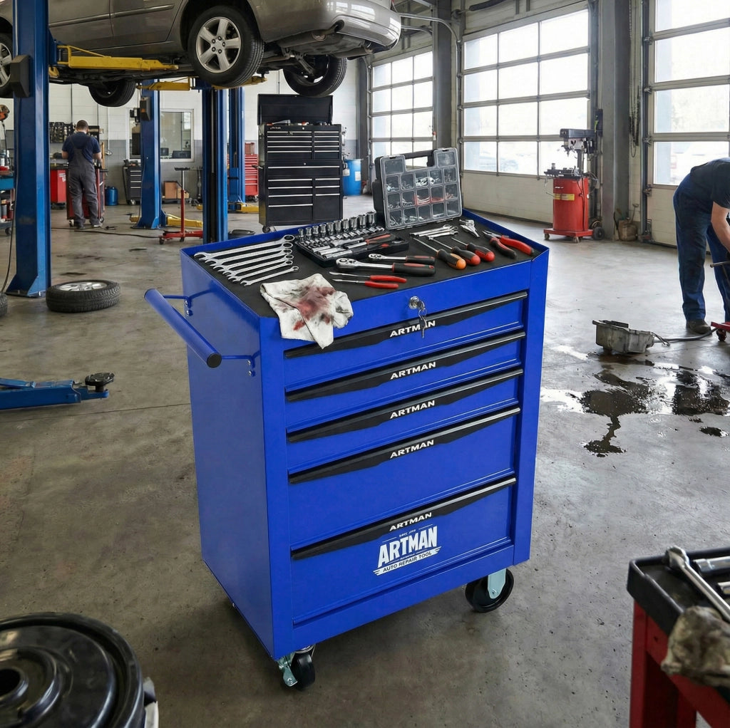 Carrello porta attrezzi mobile in acciaio con 5 cassetti e ruote, 60x33x77,5 cm, nero e blu