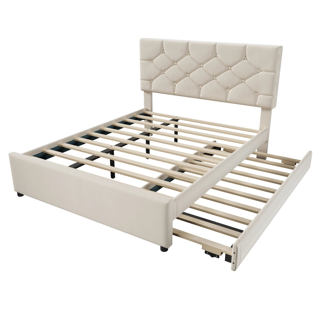 Letto imbottito 140x200 cm con rete e letto estraibile in velluto beige e MDF