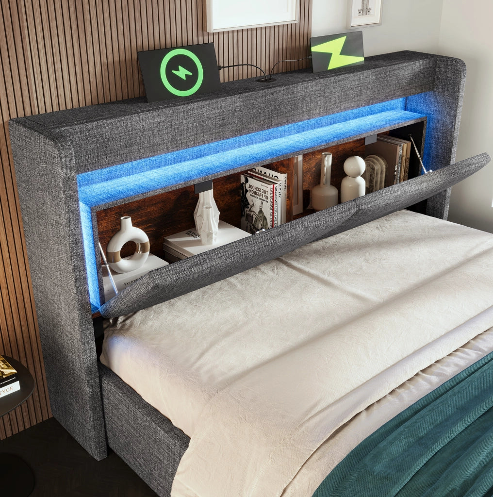 Letto contenitore ULEVR 180x200 cm con vano idraulico, LED, USB e USB-C, testiera con scomparti, grigio