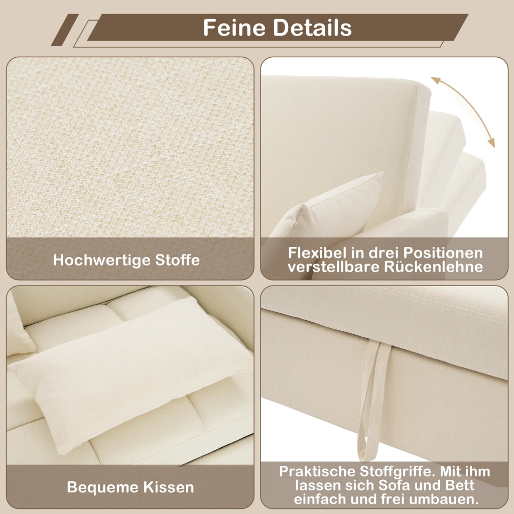 Divano Letto 2 Posti con Schienale Regolabile in 3 Posizioni e 2 Cuscini, Schiuma Beige 127 × 75 × 94 cm