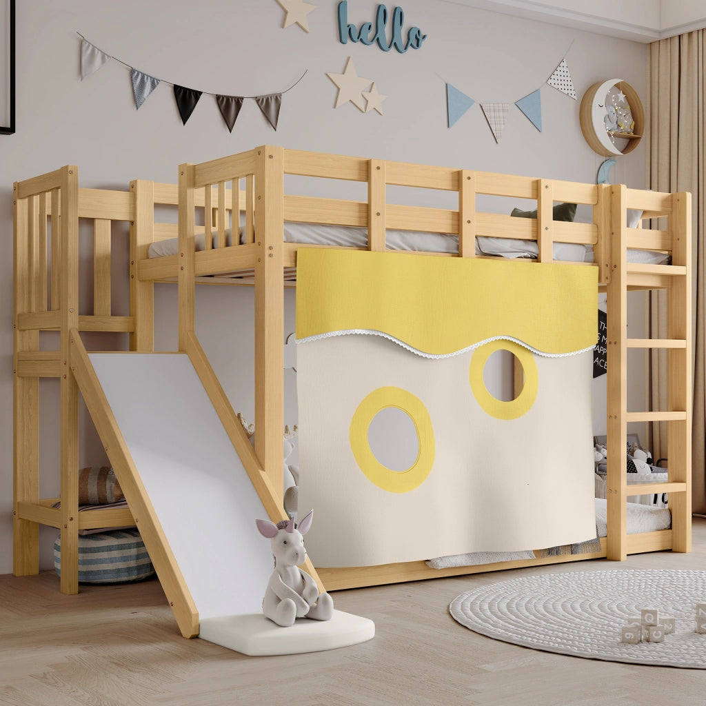 Letto a Castello 90x200 cm; 2 Posti; Scala; Sponde; Rampa e Tende; in Legno Naturale