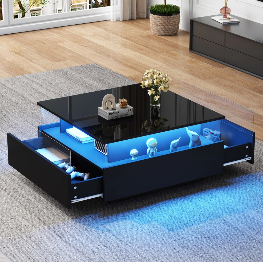 Tavolino da caffè con LED e 2 cassetti; 70 x 70 x 41 cm; nero