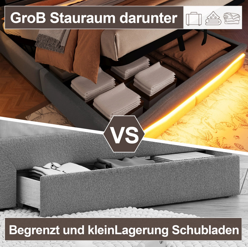 Letto matrimoniale 160x200 cm imbottito in lino grigio con contenitore idraulico e luci LED