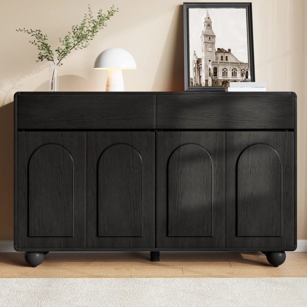 Sideboard moderno per soggiorno con ante curve, mobile contenitore in PB e MDF, piedi rotondi in metallo