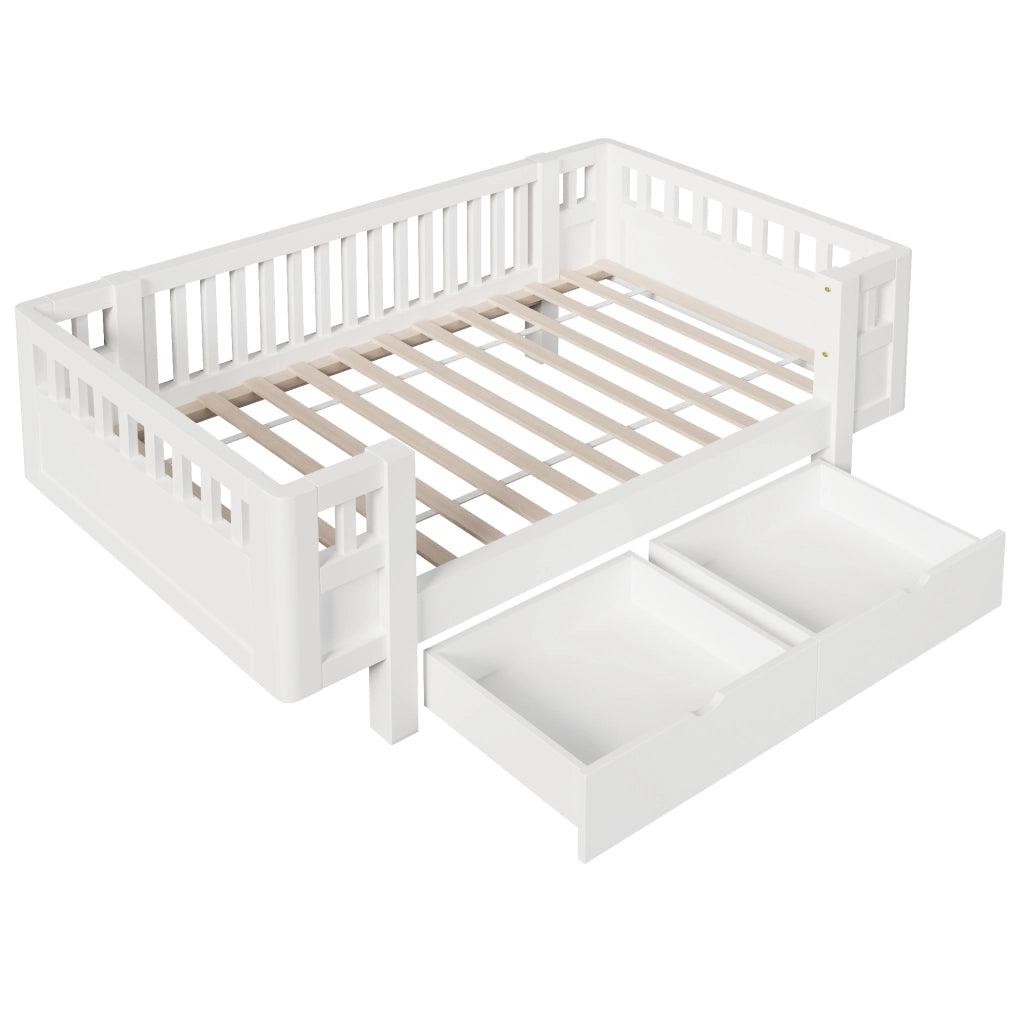 Letto per bambini 90 × 200 cm con barriera alta e 2 cassetti estraibili, senza materasso, in legno massello e MDF bianco