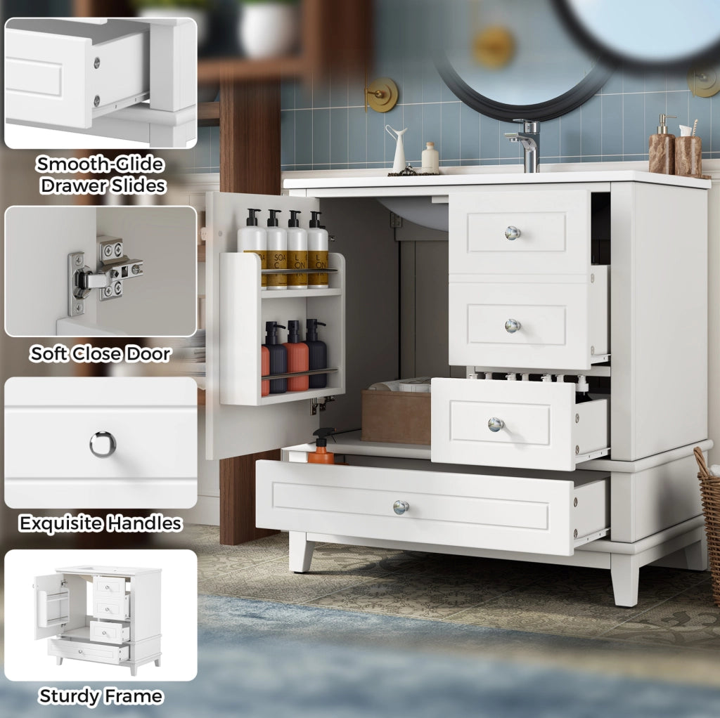 Mobile bagno 81 cm bianco lucido con tre cassetti, anta singola con ripiani e ampio spazio sotto lavabo, lavabo in ceramica incluso