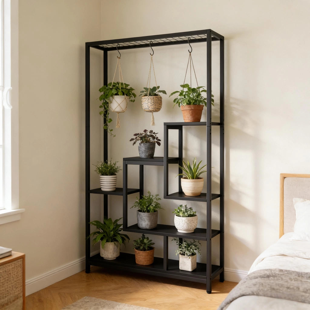 Scaffale con ripiani e ganci per piante; libri e decorazioni; metallo e legno; nero 108×37×19 cm