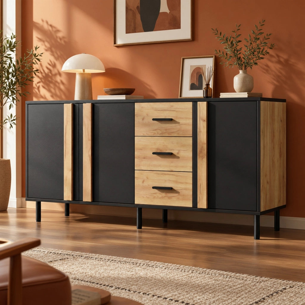 Credenza e madia con 3 ante e 3 cassetti, 6 gambe in metallo, per soggiorno, in MDF nero e legno, 140 × 35 × 70 cm