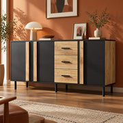 Credenza e madia con 3 ante e 3 cassetti, 6 gambe in metallo, per soggiorno, in MDF nero e legno, 140 × 35 × 70 cm