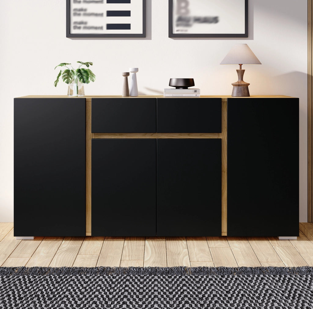 Sideboard in MDF 140x35x70 cm con 4 porte e 2 cassetti, design moderno nero e legno naturale
