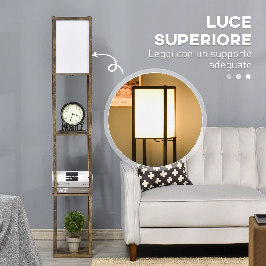 Lampada da terra con 3 mensole integrate, colore legno, attacco E27 potenza 40W, 26x26x160cm, design moderno per casa