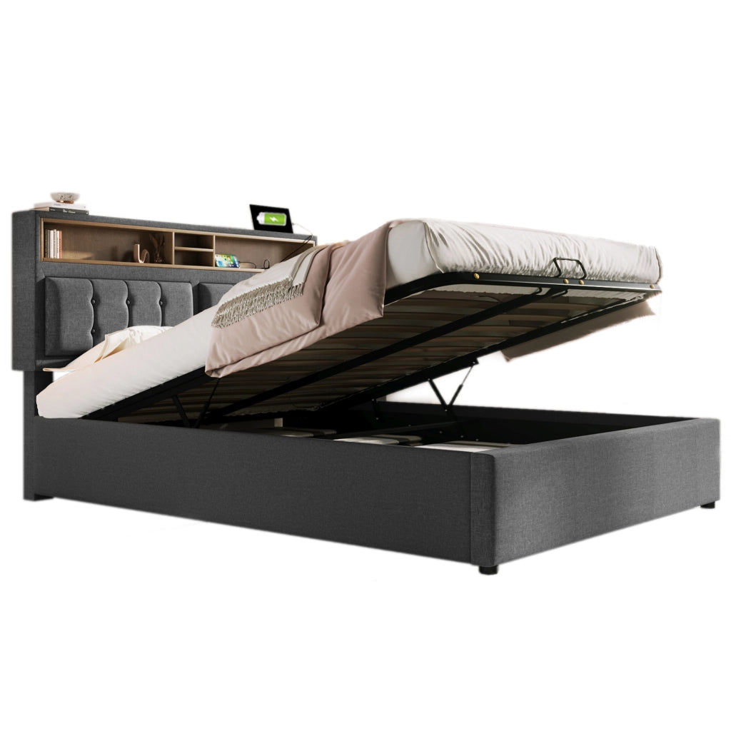 Letto contenitore imbottito 140x200 grigio con prese USB