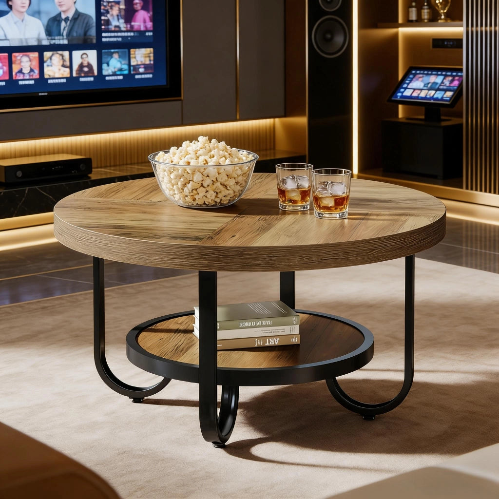 TAVOLINO rotondo a due livelli 79 cm MDF nero e marrone