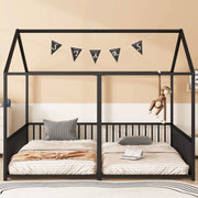Letto gemellare a casetta in metallo 90x200 cm nero con sponde e scala per due bambini, senza materasso