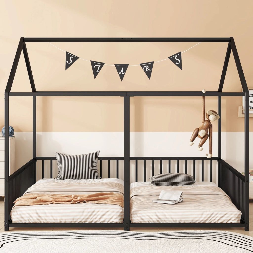Letto gemellare a casetta in metallo 90x200 cm nero con sponde e scala per due bambini, senza materasso