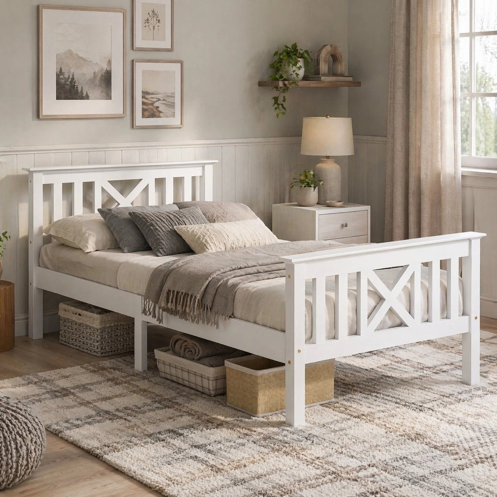 Letto singolo con testiera a X 90x200 cm in legno massello bianco