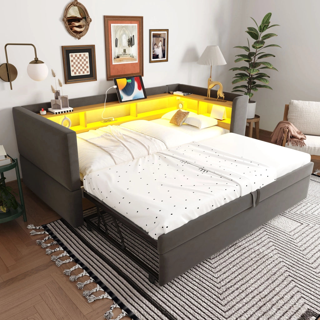 Letto Estraibile Letto Singolo 90/180 x 190 cm con LED; prese e vani contenitore