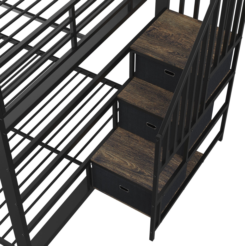 Letto a castello in metallo 140x200 cm con scala reversibile, contenitori, illuminazione LED e prese USB, colore nero