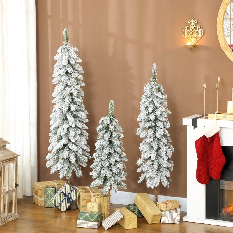 Alberi di Natale artificiali innevati, 3 pezzi da 90, 120 e 150 cm in plastica bianco e verde, salvaspazio e ignifughi