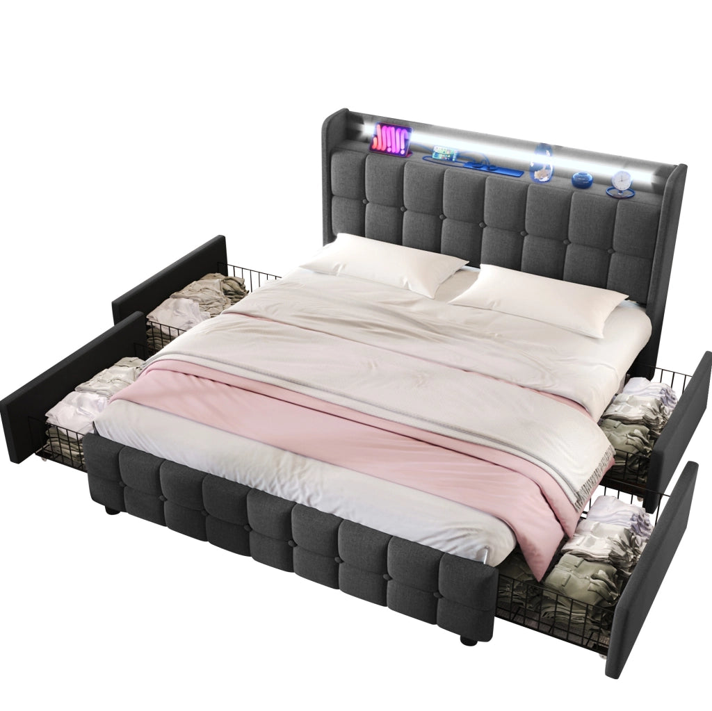 Letto matrimoniale 160x200 cm con 4 cassetti; LED e prese USB; grigio
