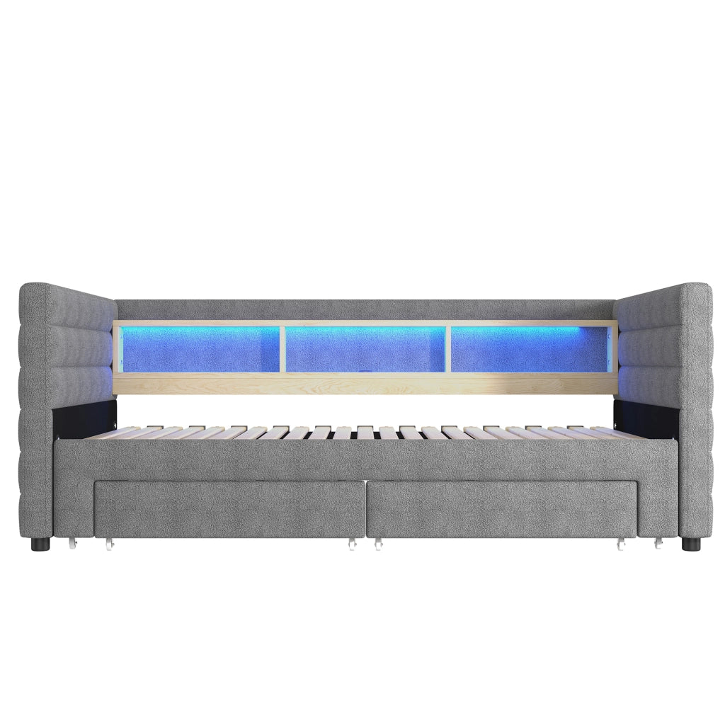 Letto divano singolo 90 × 190 cm estraibile; 2 cassetti; LED; USB e Type-C; senza materasso; in velluto grigio