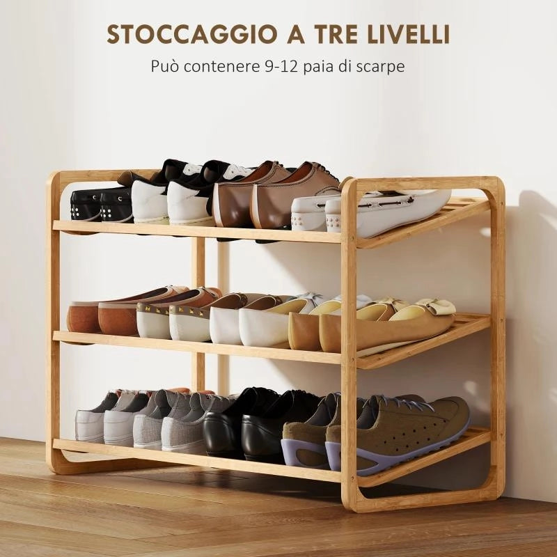SCAFFALE SCARPIERA A 3 LIVELLI PER 12 SCARPE CON RIPIANI A DOGHE IN BAMB¨, 76X33X50.8 CM, COLORE LEGNO