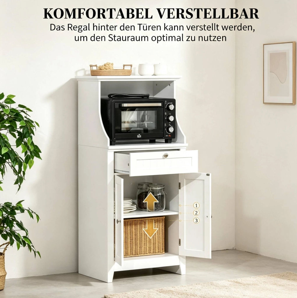 Mobiletto da cucina in MDF bianco con anta, cassetto e spazio per microonde 60x40x122,5 cm
