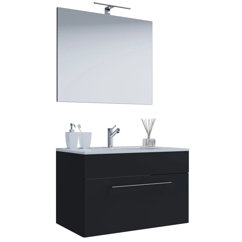 Completo di Ezooza Mobile sospeso con 1 cassetto Large con lavabo in ceramica di alta qualità e specchio, Nero ,