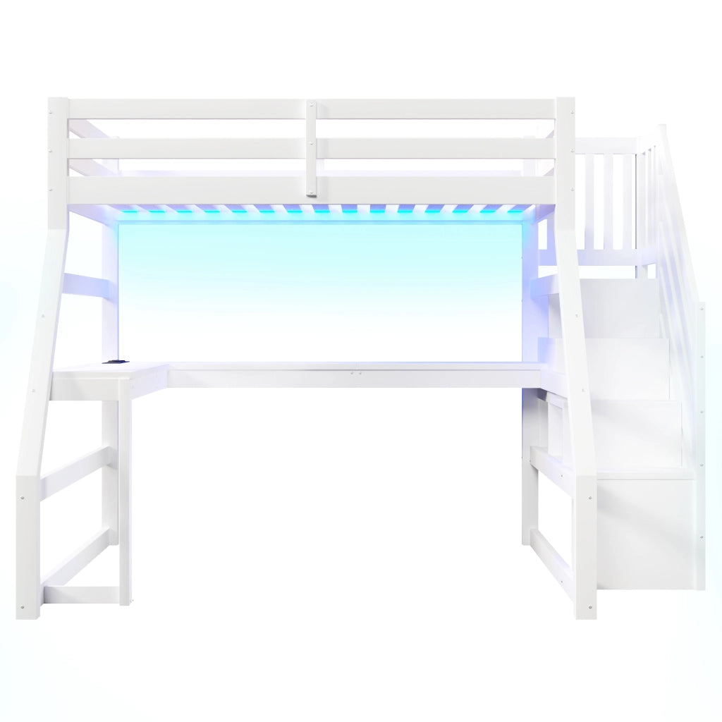 Letto a soppalco 90x200 con scrivania; bianco; scala contenitore e luci LED