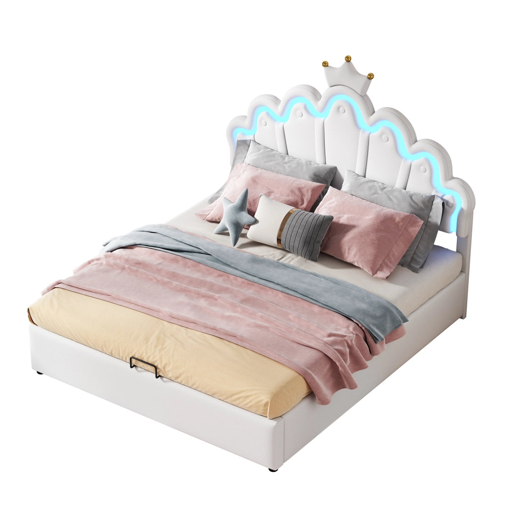 Letto contenitore 140 × 200 cm con illuminazione LED regolabile e testiera imbottita in similpelle bianca