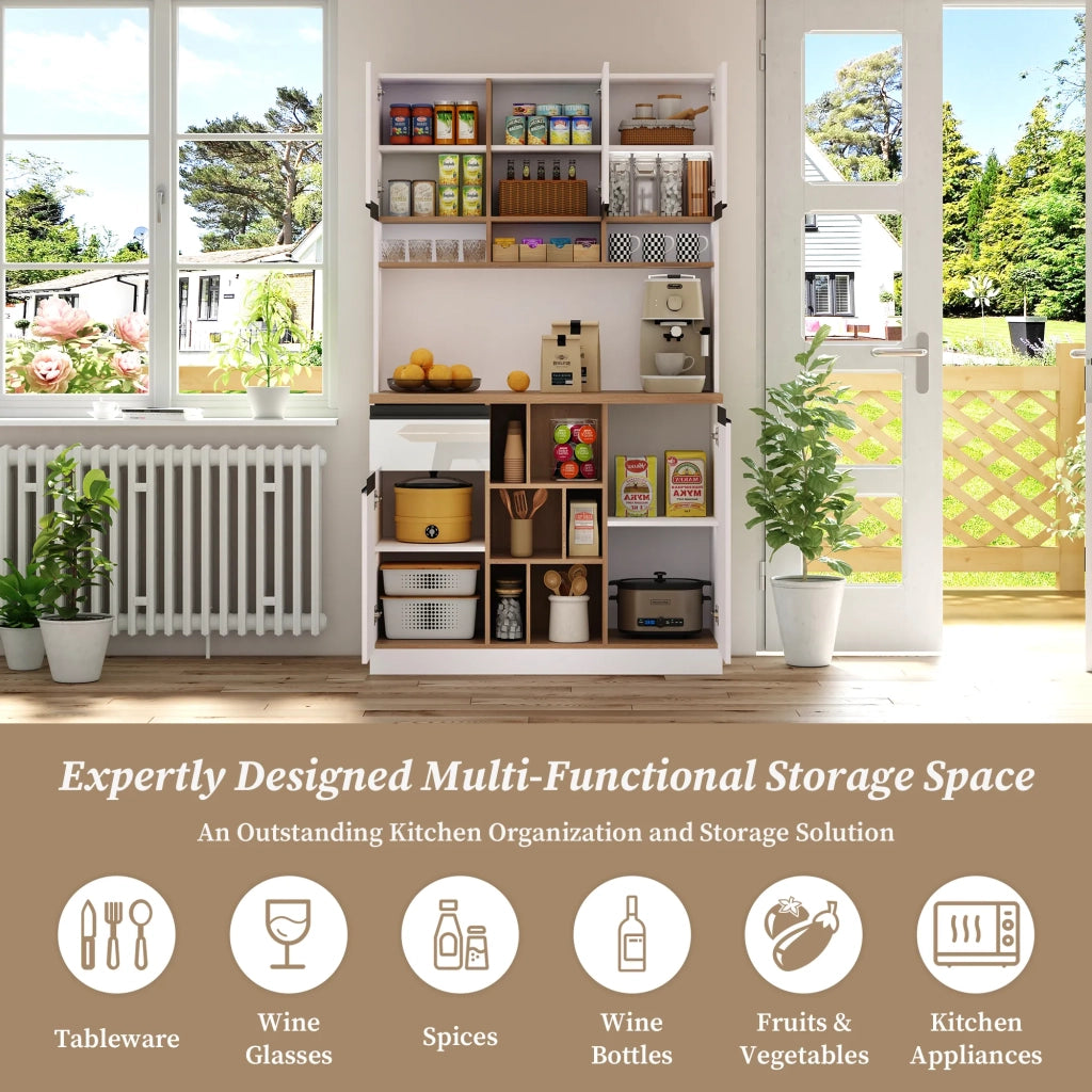 Mobile da cucina moderno bianco 105x45x185 cm, buffet con ante lucide, maniglie in metallo, ripiani regolabili, cassetti, spazio aperto, protezione anti-ribaltamento